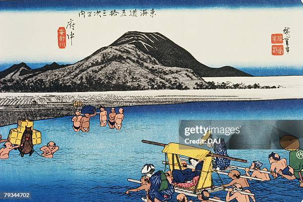 scenery of fuchu in edo period, painting, woodcut, japanese wood block print - edo period stock illustrations