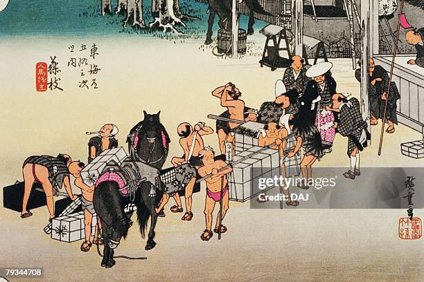 illustrations, cliparts, dessins animés et icônes de scenery of fujieda in edo period, painting, woodcut, japanese wood block print, high angle view - personne secondaire