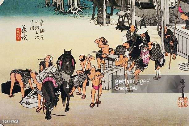scenery of fujieda in edo period, painting, woodcut, japanese wood block print, high angle view - small group of animals stock illustrations