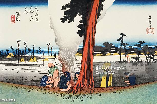 ilustraciones, imágenes clip art, dibujos animados e iconos de stock de scenery of hamamatsu in edo period, painting, woodcut, japanese wood block print - edo period