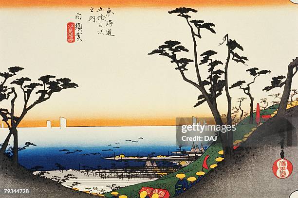 scenery of shirasuka in edo period, painting, woodcut, japanese wood block print - 活版点のイラスト素材／クリップアート素材／マンガ素材／アイコン素材