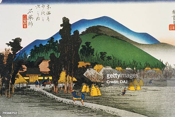 ilustrações, clipart, desenhos animados e ícones de scenery of ishiyakushi in edo period, painting, woodcut, japanese wood block print - edo period