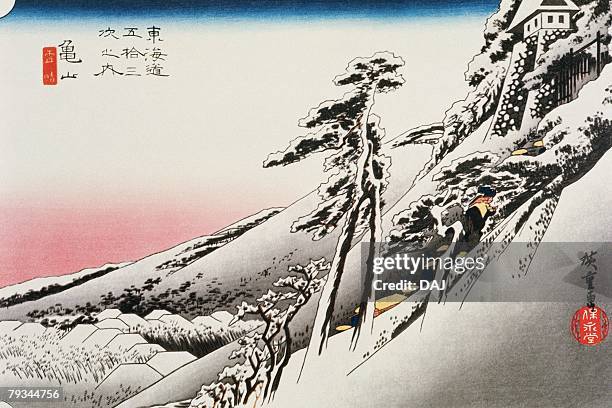 scenery kameyama of in edo period, painting, woodcut, japanese wood block print - honshu stock-grafiken, -clipart, -cartoons und -symbole