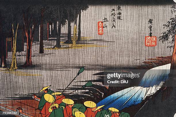 scenery of tsuchiyama in edo period, painting, woodcut, japanese wood block print, rear view, high angle view - drucktype stock-grafiken, -clipart, -cartoons und -symbole