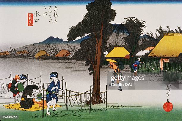 scenery of minakuchi in edo period, painting, woodcut, japanese wood block print - edo period点のイラスト素材／クリップアート素材／マンガ素材／アイコン素材