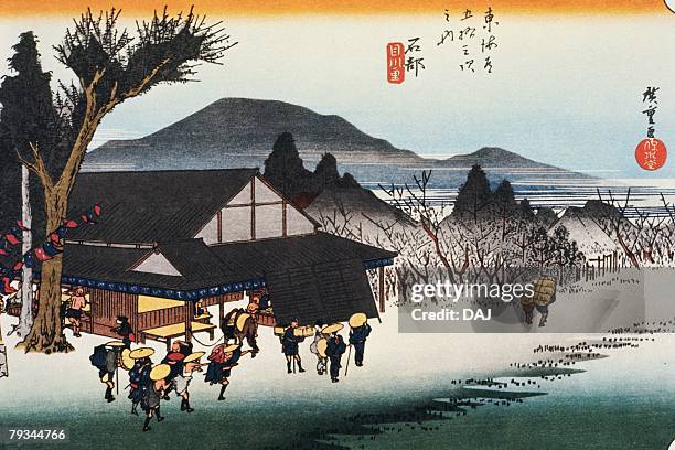 scenery of ishibe in edo period, painting, woodcut, japanese wood block print, high angle view - edo period stock-grafiken, -clipart, -cartoons und -symbole