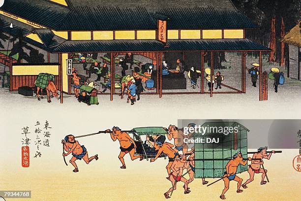 ilustrações, clipart, desenhos animados e ícones de scenery kusatsu of in edo period, painting, woodcut, japanese wood block print, high angle view - edo period