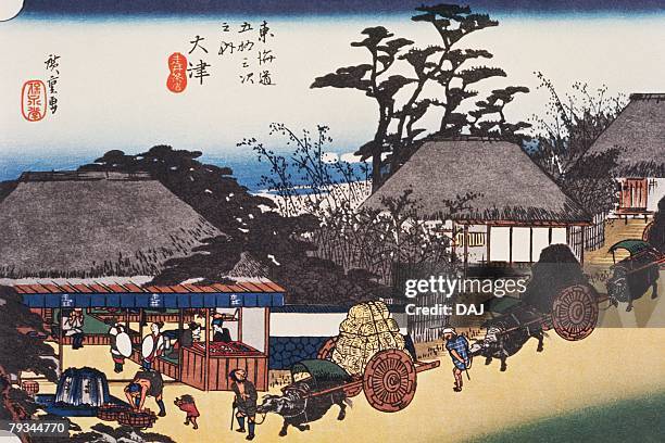 scenery of otsu in edo period, painting, woodcut, japanese wood block print, high angle view - 活版点のイラスト素材／クリップアート素材／マンガ素材／アイコン素材