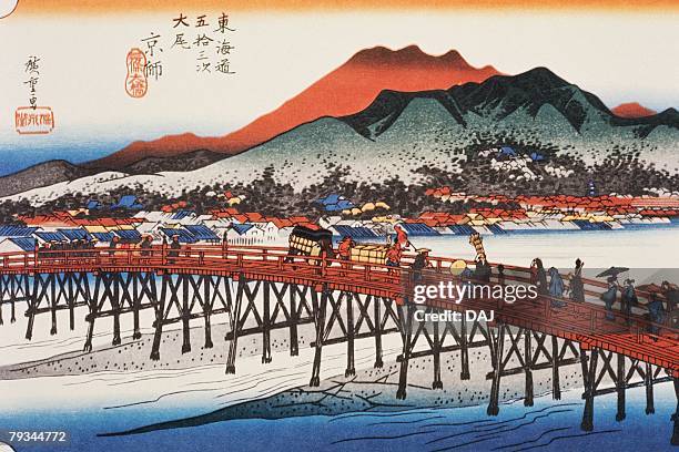 ilustrações, clipart, desenhos animados e ícones de scenery of kyoto in edo period, painting, woodcut, japanese wood block print - edo period