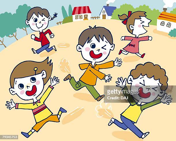 Children Playing Tag Painting Illustration Illustrative Technique