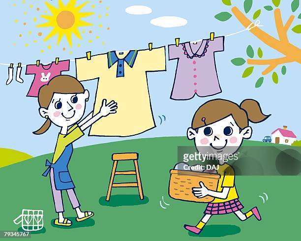 girl helping mother dry laundries, painting, illustration, illustrative technique, side view - family fun indoor stock illustrations