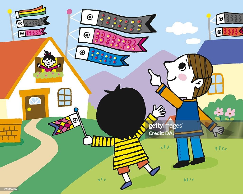 Children celebrating Childrens Day, Painting, Illustration, Illustrative Technique, Rear View, Front View, Side View