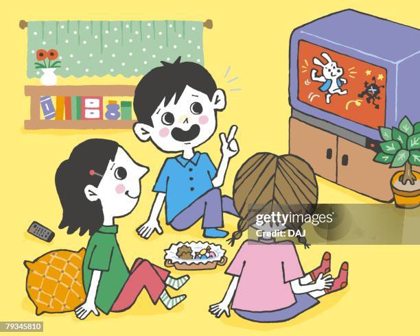 children watching tv, painting, illustration, illustrative technique, rear view, side view - happy children watching tv stock illustrations