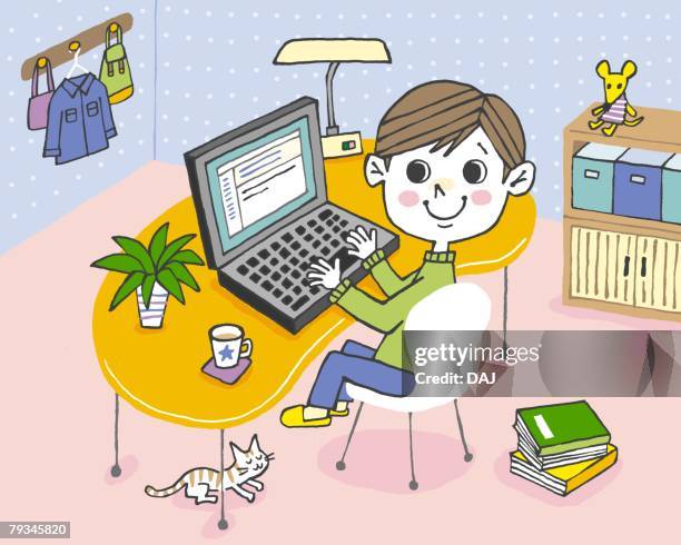 boy using computer, painting, illustration, illustrative technique, high angle view - cat looking down stock illustrations