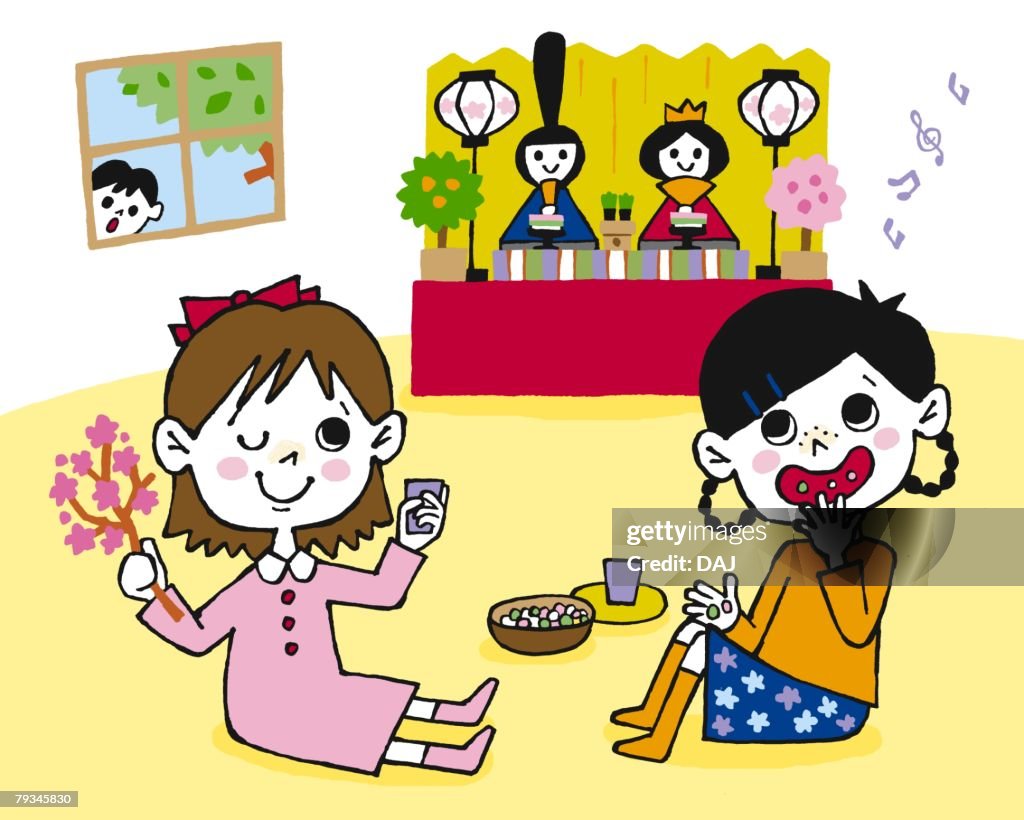 Girls celebrating Doll Festival, Painting, Illustration, Illustrative Technique, Side View