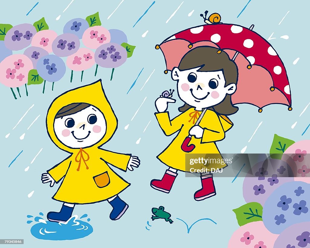 Spring Raining Kid Drawing Children In Rain Painting Illustration Illustrative Technique Front ...