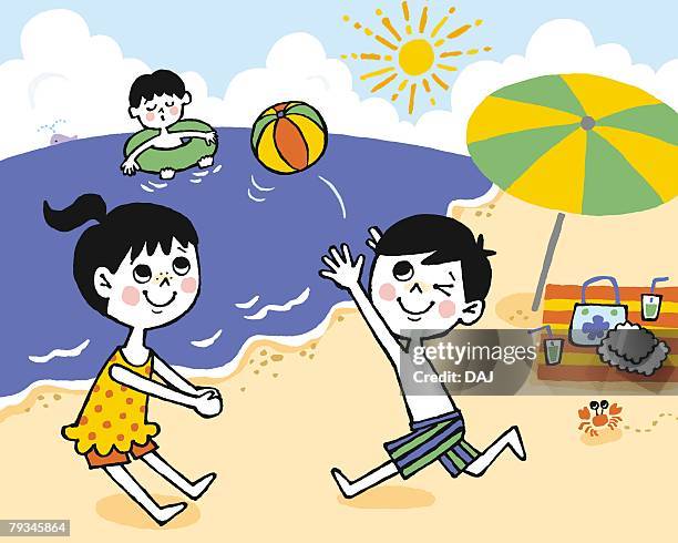 ilustraciones, imágenes clip art, dibujos animados e iconos de stock de children playing at the beach, painting, illustration, illustrative technique, side view - bolsa de playa
