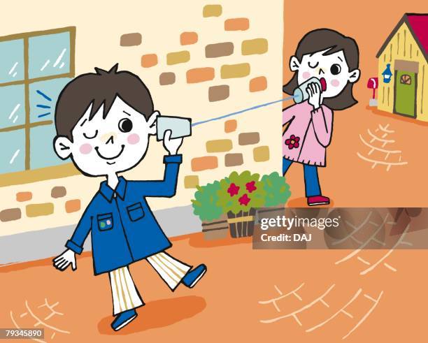 children playing with string telephone, painting, illustration, illustrative technique, front view - calling from window stock illustrations