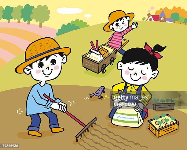children doing field work, painting, illustration, illustrative technique, front view, side view - tiller girls stock illustrations