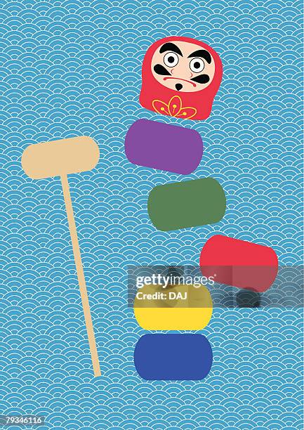 daruma and wood blocks, painting, illustration, illustrative technique - daruma stock illustrations