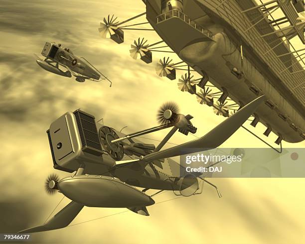 aircrafts, illustration, cg, 3d, sepia, low angle view - remote control airplane stock illustrations