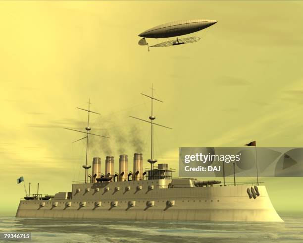 ship and airship, illustration, cg, 3d, sepia, low angle view - boat from below stock illustrations