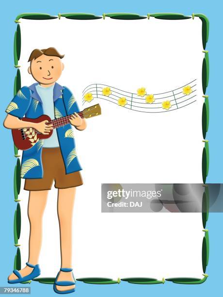 frame with man playing ukulele, painting, illustration, front view, copy space - playing ukulele stock illustrations