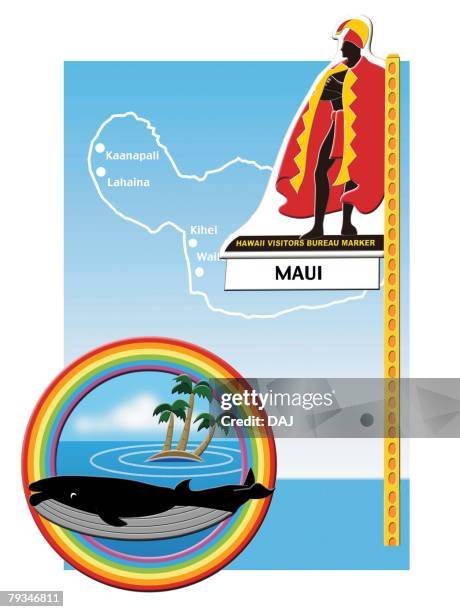 signboard of maui, hawaii, painting, illustration - maui rainbow stock illustrations