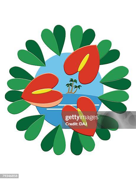 stockillustraties, clipart, cartoons en iconen met tropical plant pattern and island, painting, illustration - anthurium