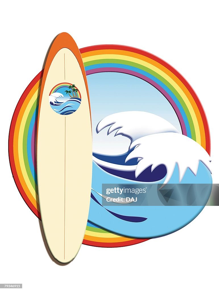 Surfboard and Waves in Rainbow Frame, Painting, Illustration