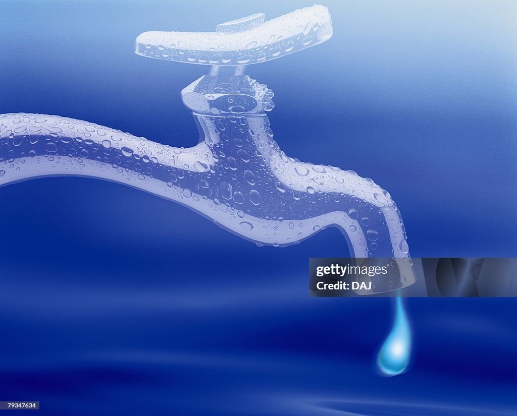 Image of a Silver Faucet With a Lot of Waterdrops on it, a Large One Dripping Out, Side View, Differential Focus, CG