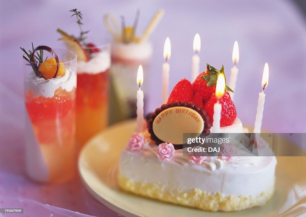 Birthday cake and jelly in glasses