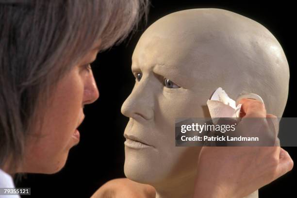 Anthropological sculptress Elisabeth Daynes applies final touches, including skin texture, to Otzi's skull using a piece of silicone in her workshop...