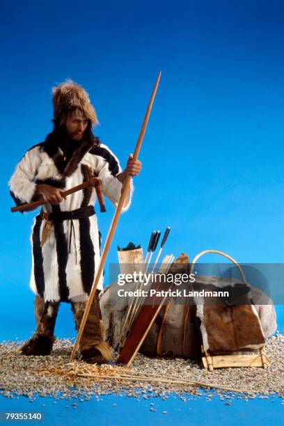 The finished display version of iceman Otzi with a bearskin hat, goatskin coat and leggings, and leather sandals filled with straw on October 1, 1997...