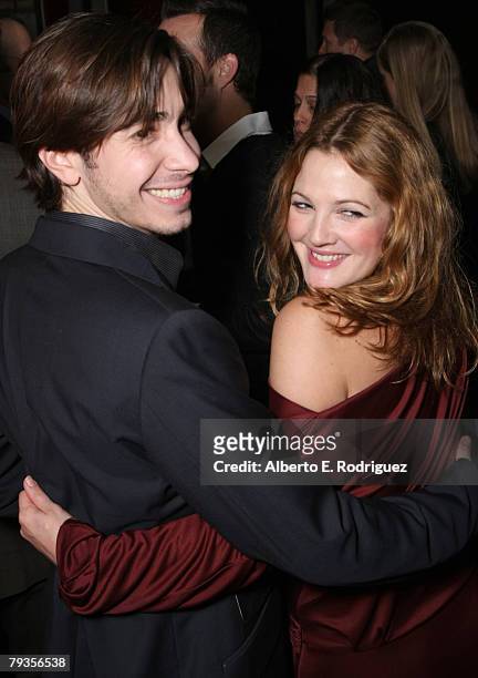 Actor Justin Long and actress Drew Barrymore arrive at Picture House's premiere of "Vince Vaughn's Wild West Comedy Show" on January 28, 2008 in...