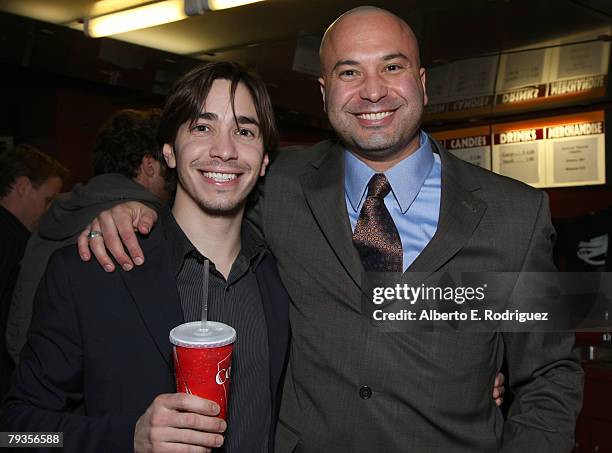 Actor Justin Long and comedian Ahmed Ahmed arrive at Picture House's premiere of "Vince Vaughn's Wild West Comedy Show" on January 28, 2008 in...