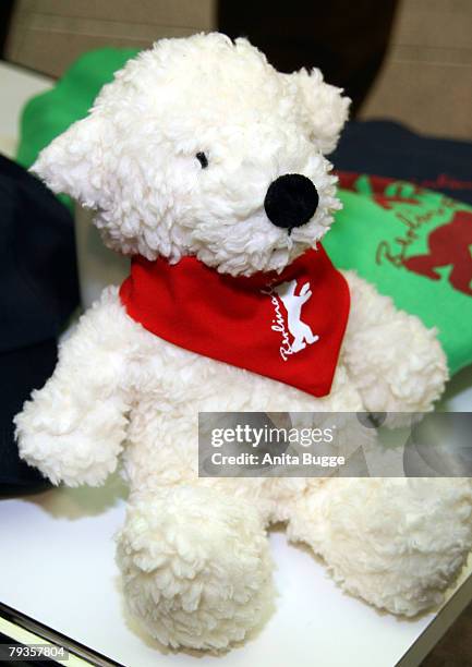 Berlinale Merchandise presented at the pre-opening press conference for the 58th Berlinale film festival: Basecap, chocolate, T-Shirt, coffee mug,...