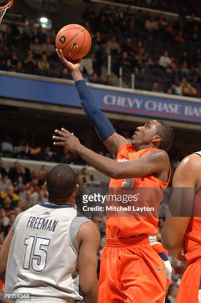 Donte Greene of the Syracuse Orange goes to the basket during a basketball game against the Georgetown Hoyas at Verizon Center on January 21, 2008 in...