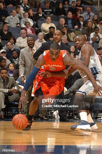 Donte Greene of the Syracuse Orange dribbles to the basket during a basketball game against the Georgetown Hoyas at Verizon Center on January 21,...