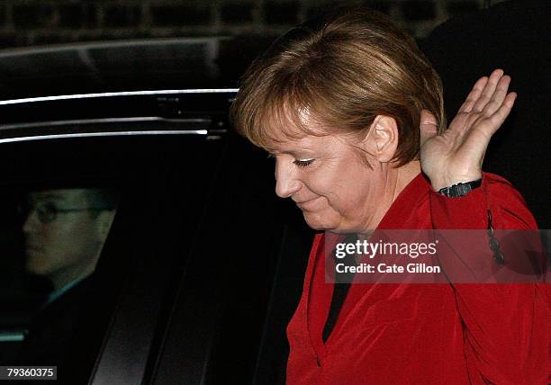 Chancellor Angela Merkel arrives at Downing Street on January 29, 2008 in London. The Prime Minister Gordon Brown is hosting a meeting for European...