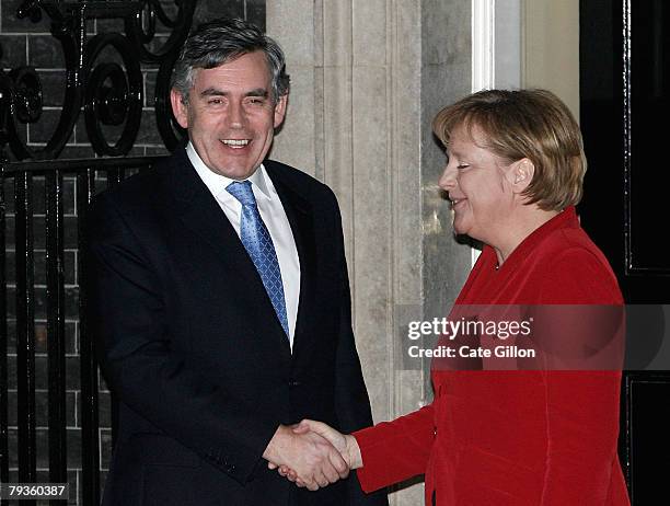 Prime Minister Gordon Brown greets Chancellor Angela Merkel as she arrives at Downing Street on January 29, 2008 in London. The Prime Minister Gordon...