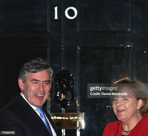 British Prime Minister Gordon Brown greets Chancellor Angela Merkel at Downing St on January 29, 2008 in London, England. The Prime Minister will...