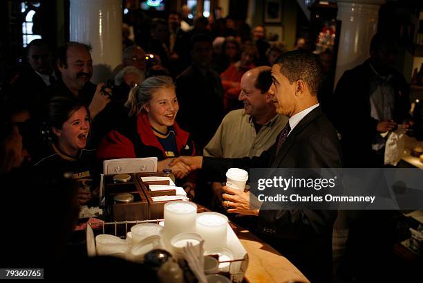 Democratic presidential hopeful Sen. Barack Obama makes a brief stop at Jack's Coffee January 7, 2008 in New London, New Hampshire. Polls show Obama...