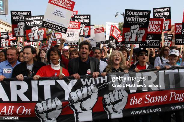 Writers march on Hollywood Boulevard in support of the Writers Guild of America strike on November 20, 2007 in Hollywood, California.