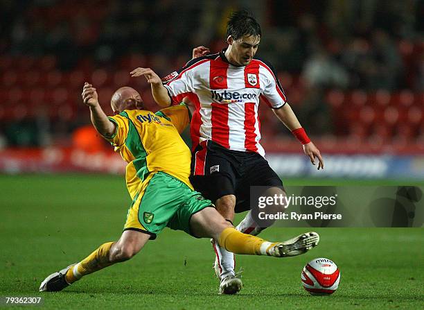Rudi Skacel of Southampton is tackled by Matthew Pattison of Nowrich City during the Coca Cola Championship match between Southampton and Norwich...