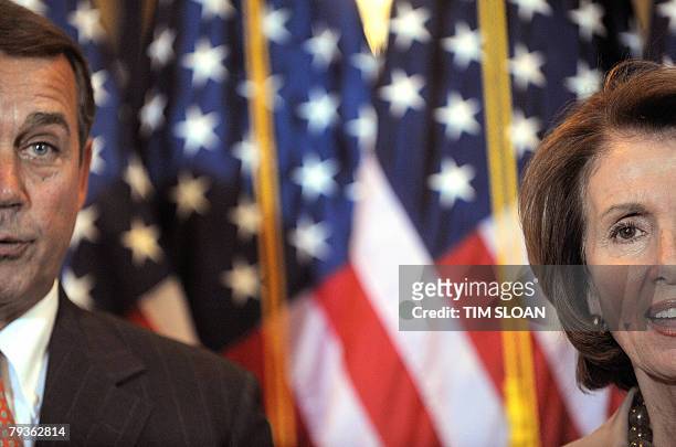 Speaker of the House Nancy Pelosi and House Minority Leader John Boehner hold a news conference on Capitol Hill 29 January 2008 in Washington after...
