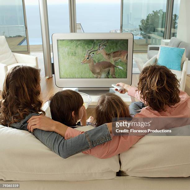 family in living room watching television - family watching tv from behind stockfoto's en -beelden