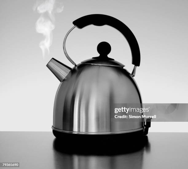 tea kettle with steam indoors - bollito foto e immagini stock