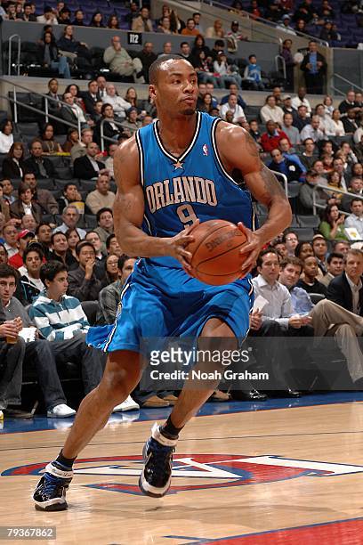 Rashard Lewis of the Orlando Magic moves the ball during the NBA game against the Los Angeles Clippers at Staples Center on January 9, 2008 in Los...