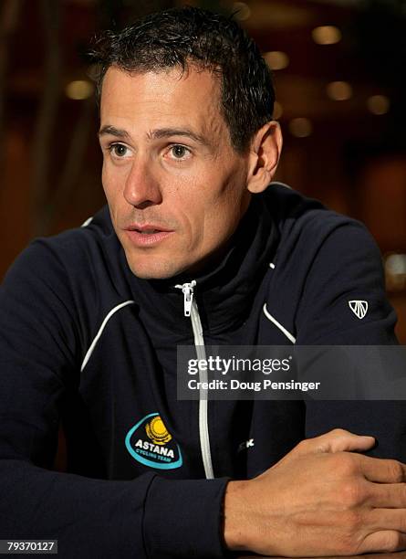 Andreas Kloden of Germany is interviewed by the media as the Astana Cycling Team holds a press conference during their training camp on January 29,...
